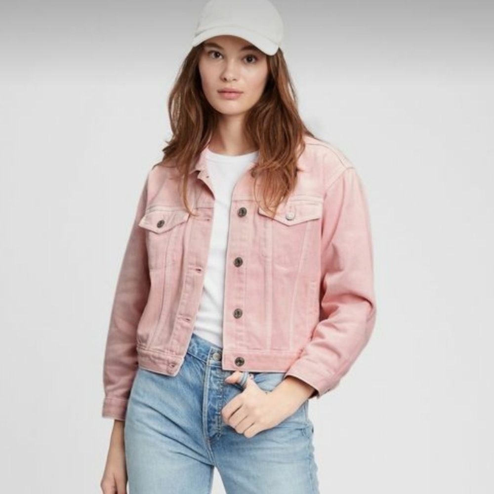 Gap Icon Cropped Denim Jean Jacket Chalk Pink Size Medium